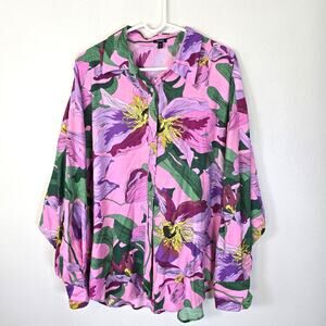 Express Boyfriend Portofino Shirt Womens XL Pink Purple Floral Romantic Feminine